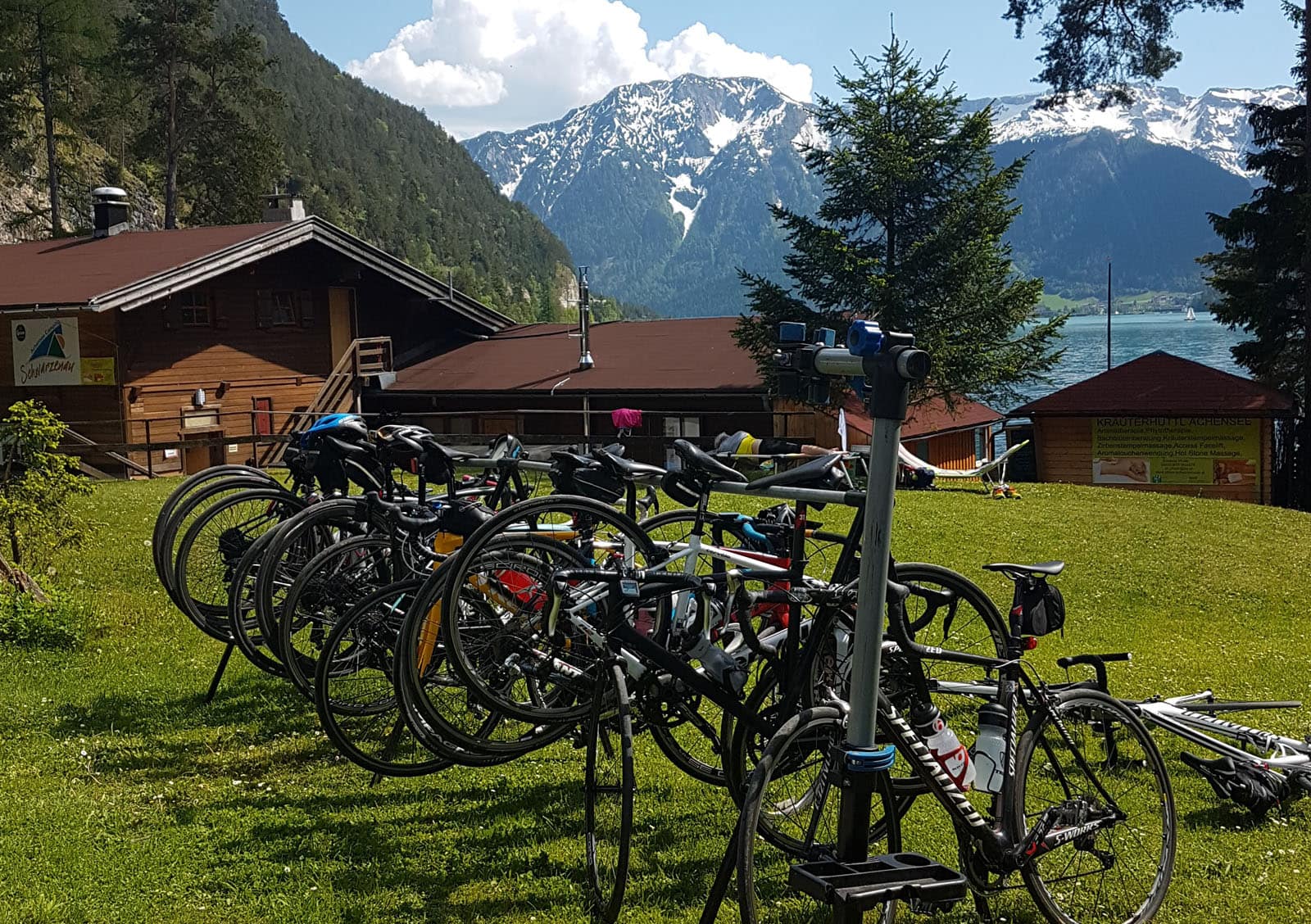 Bikes at rest with stunning alpine views
